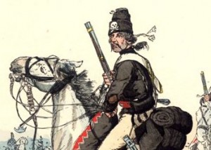 Hussar from Husaren-Regiment Nr.5 (von Ruesch) in 1744 with the Totenkopf on the mirliton (ger. Flügelmütze).